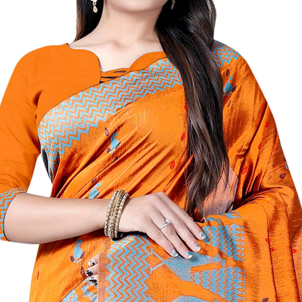 Peachmode Classy Mustard Yellow Colored Festive Wear Printed Cotton Saree - view 2