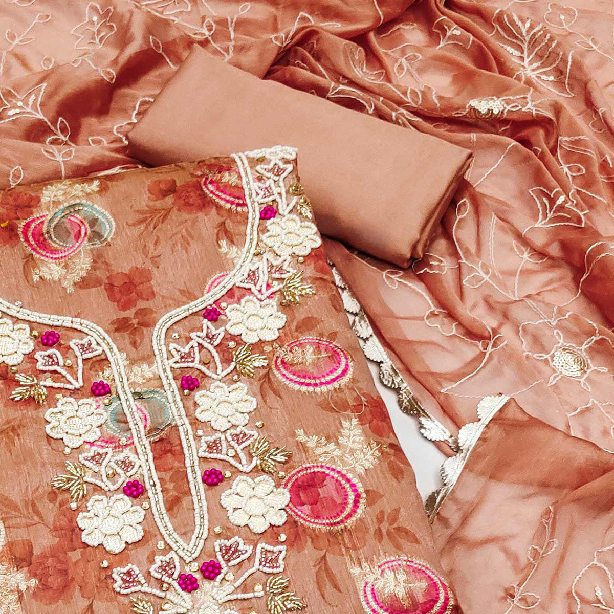 Peachmode Dark Peach Woven Chanderi Silk Dress Material - view 2