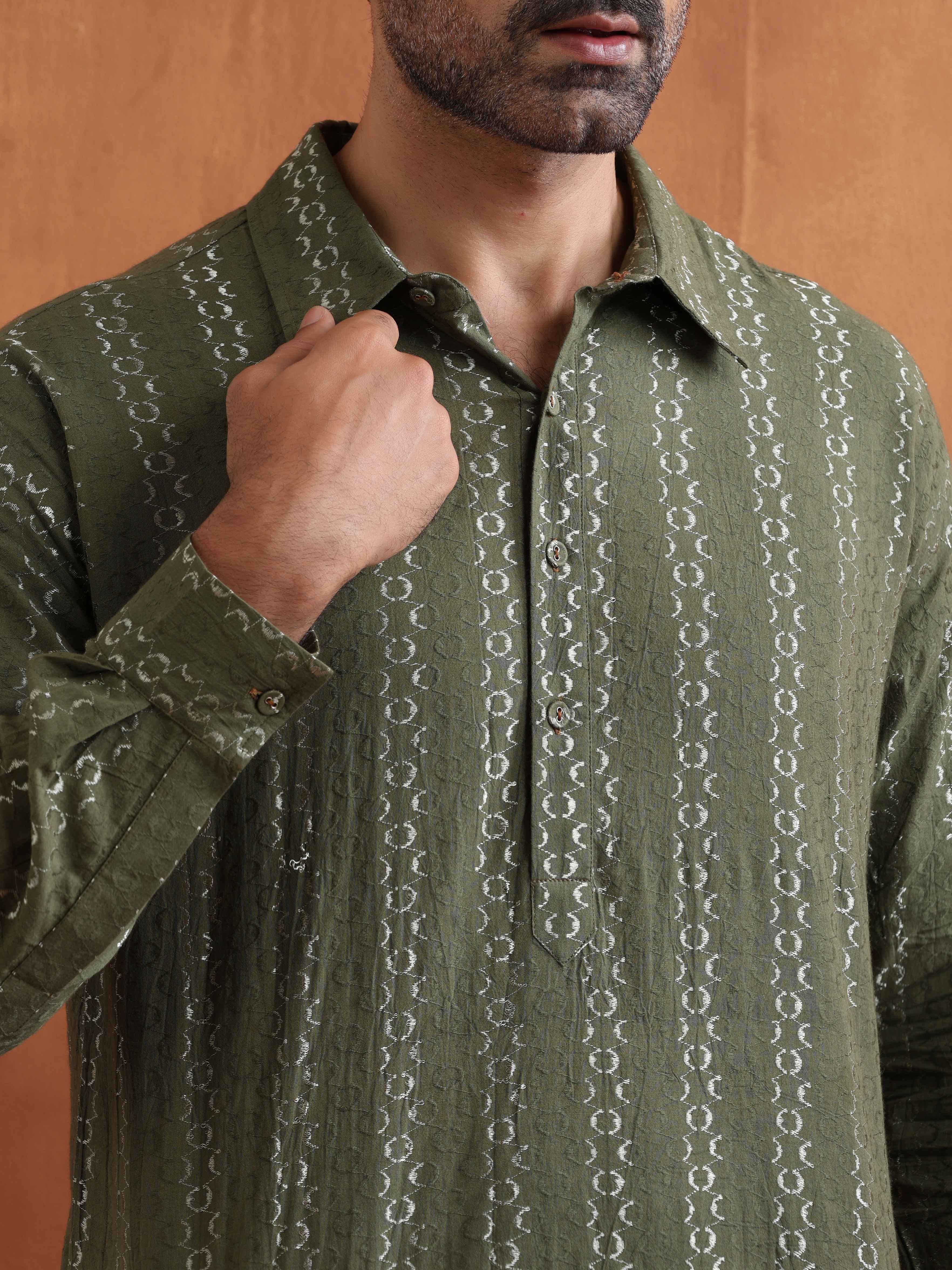 trueBrowns Men's Olive Green Cotton Dobby Short Kurta - view 5