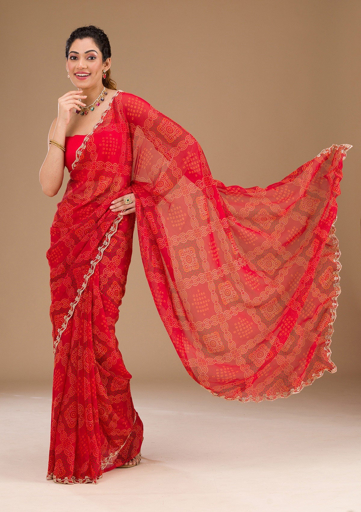 Koskii Red Printed Georgette Saree – Women's