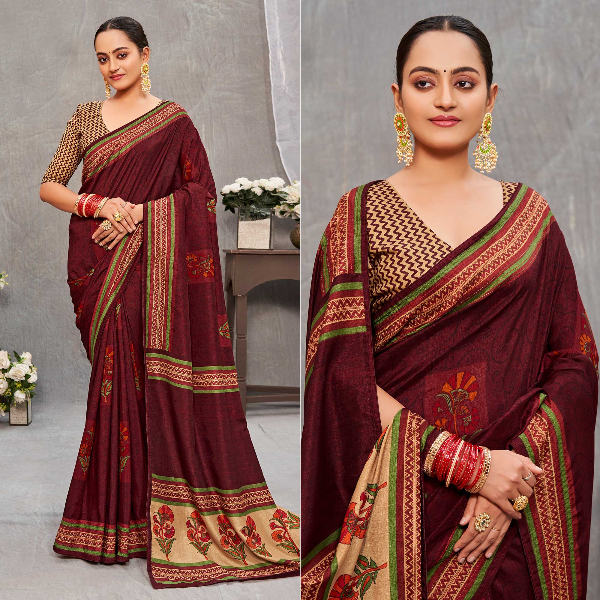 Peachmode Dark Maroon Printed With Embroidery Tussar Silk Saree
