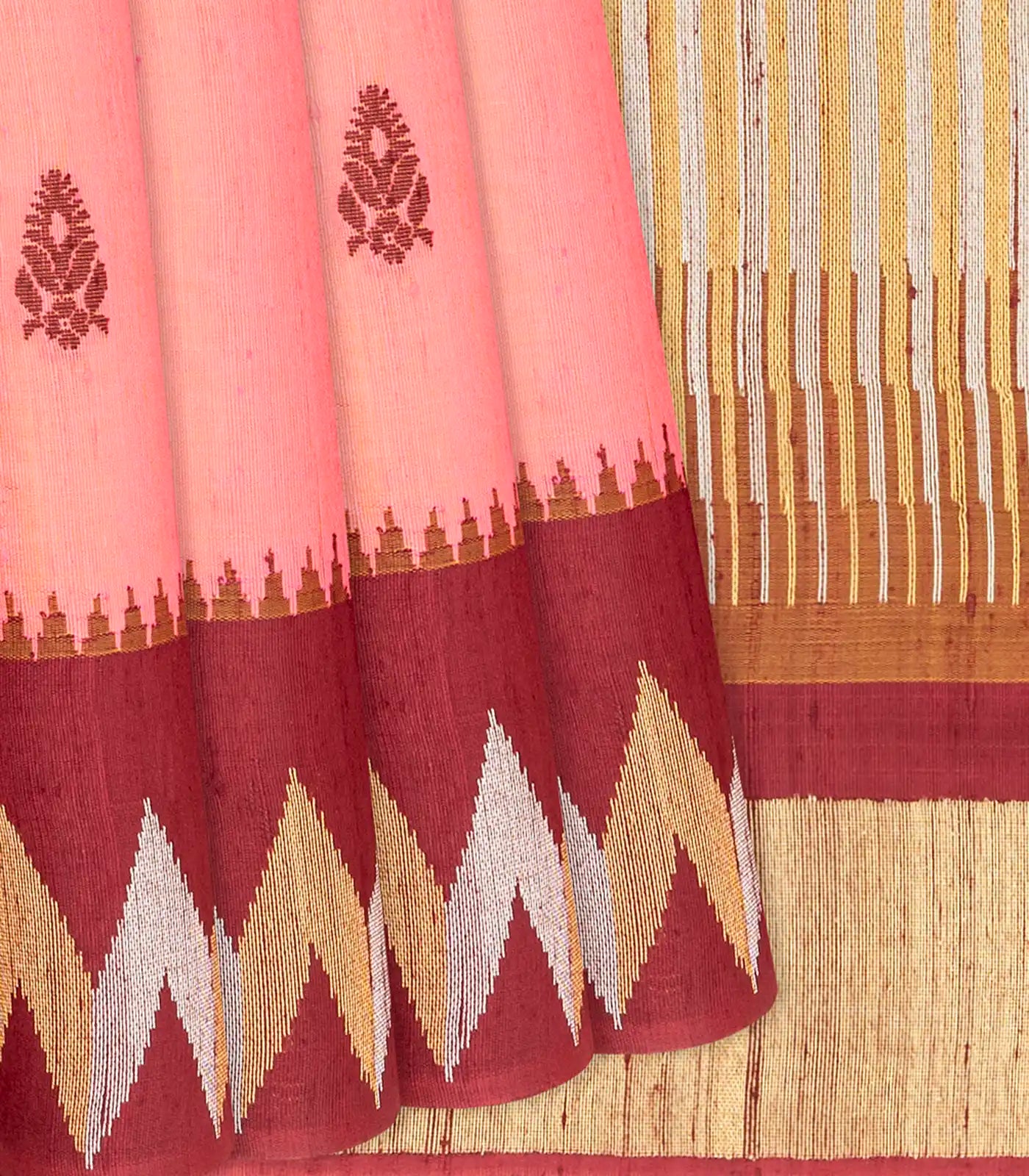 RmKV Peach Handwoven Tussar Silk Saree With Floral Motifs-Peach