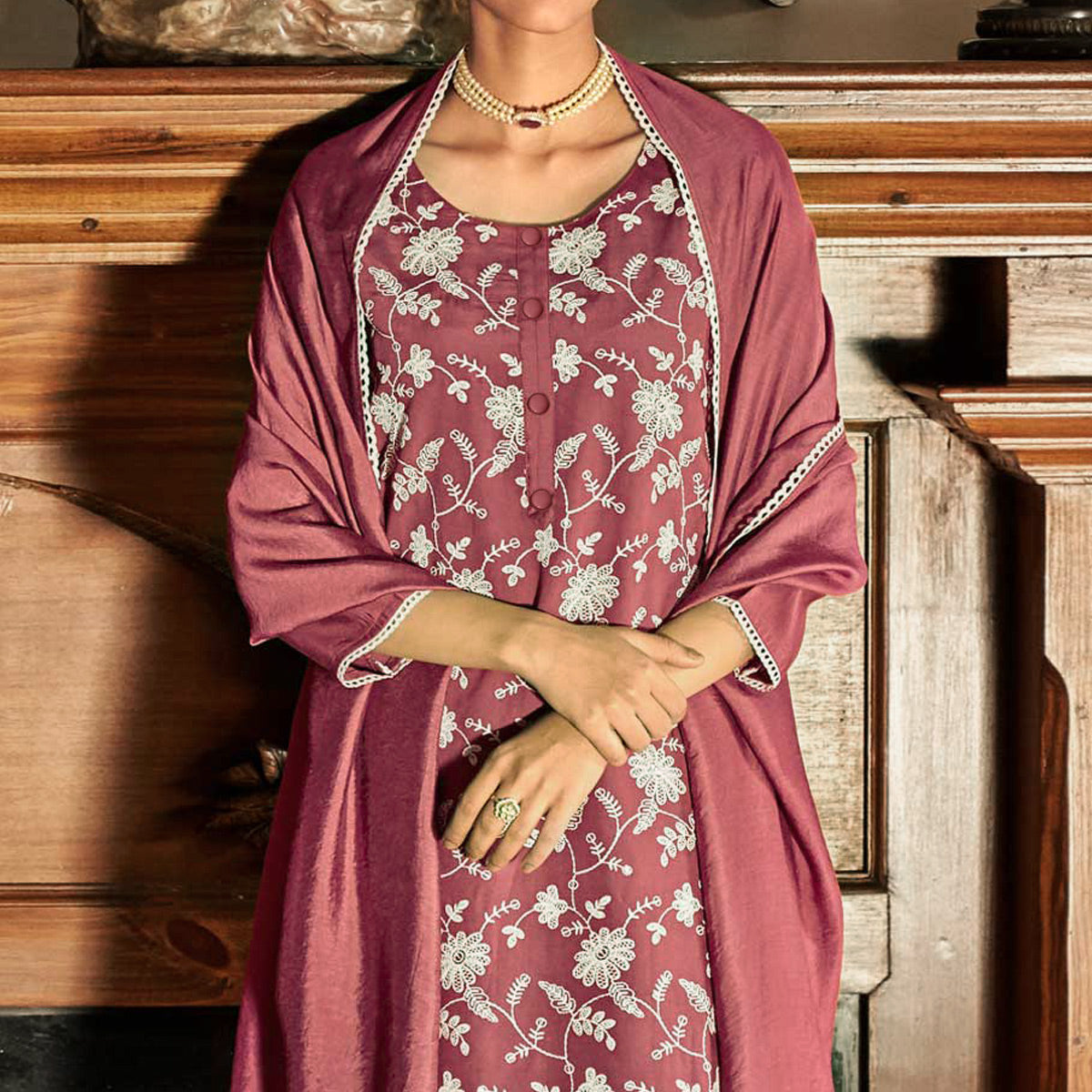 Peachmode Seller Brick Red Lucknowi Embroidered Modal Salwar Suit - view 3