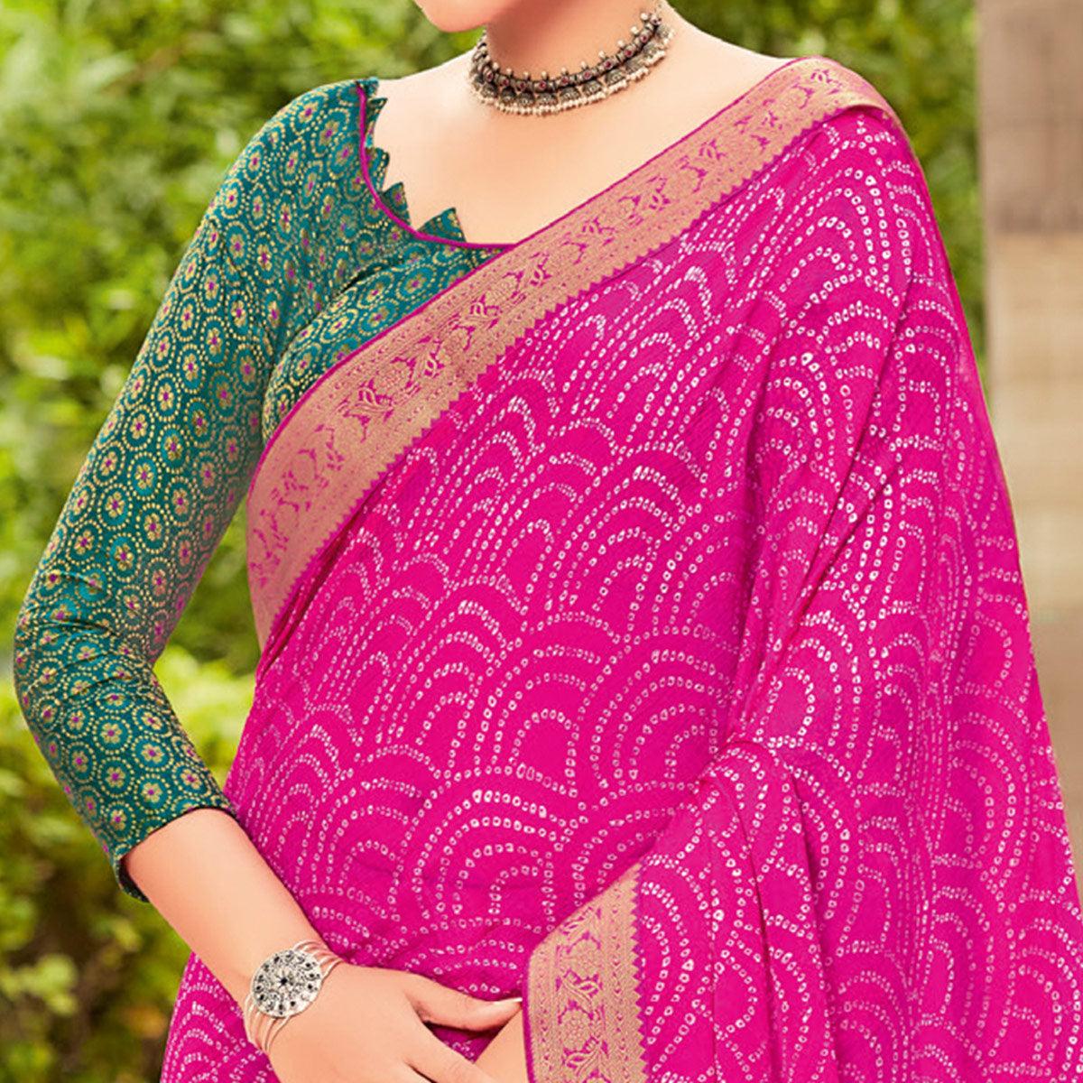 Peachmode Dark Pink Partywear Printed Chiffon Saree With Border - view 2