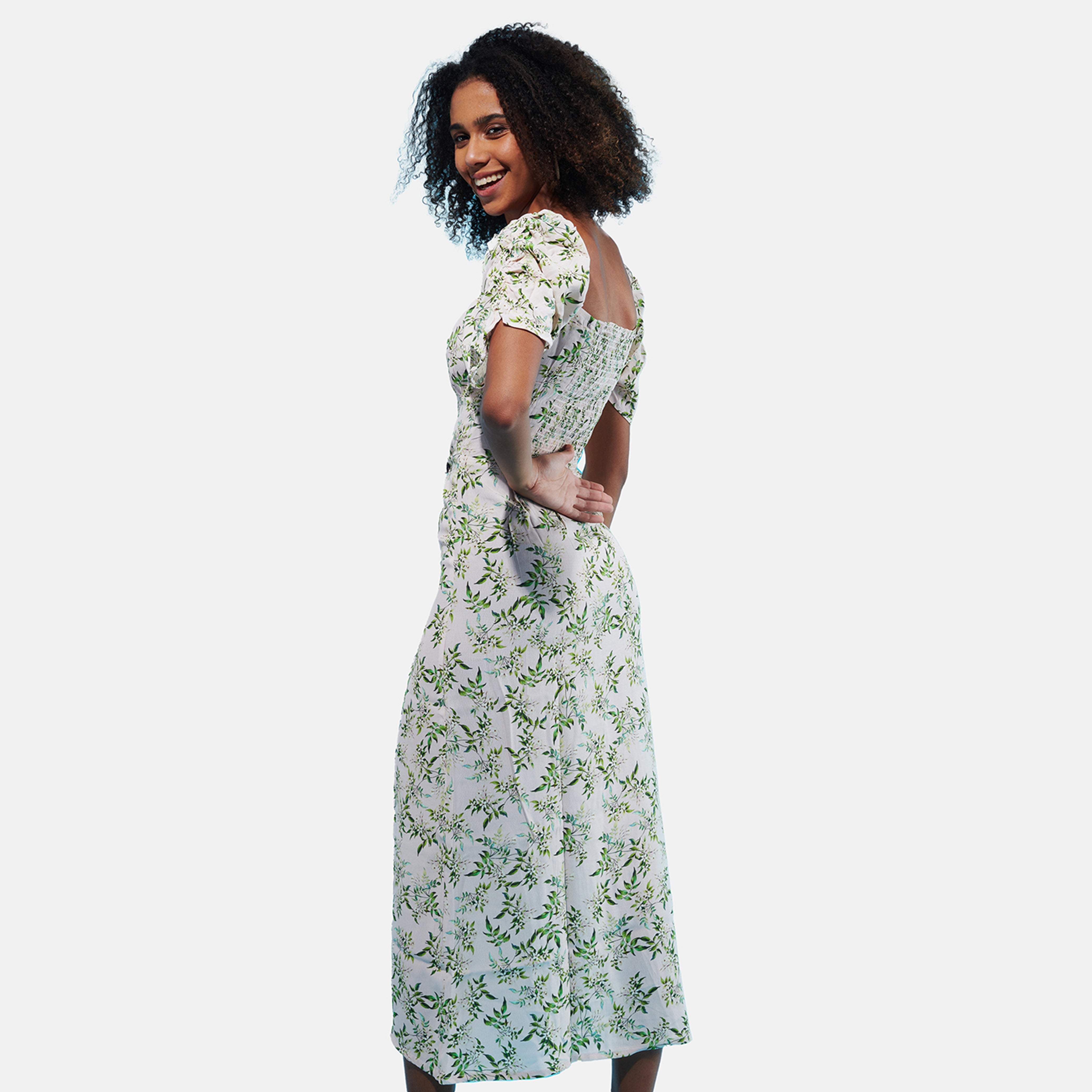 Cottage Core Green High Side Slit Midi Summer Dress - view 3