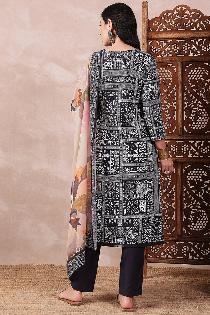 Ahika Black Rayon Blend Geometric Printed Straight Trouser Bottom Suit Set PKSKD2542BLK - view 5