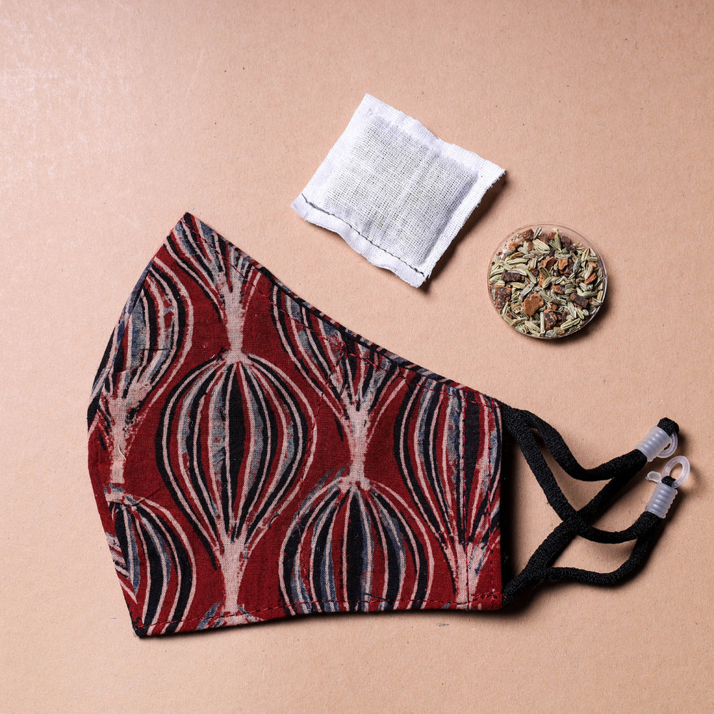 JALPARI Ajrakh Block Printed Cotton 3 Layer Snug Fit Face Cover with Herb Pocket