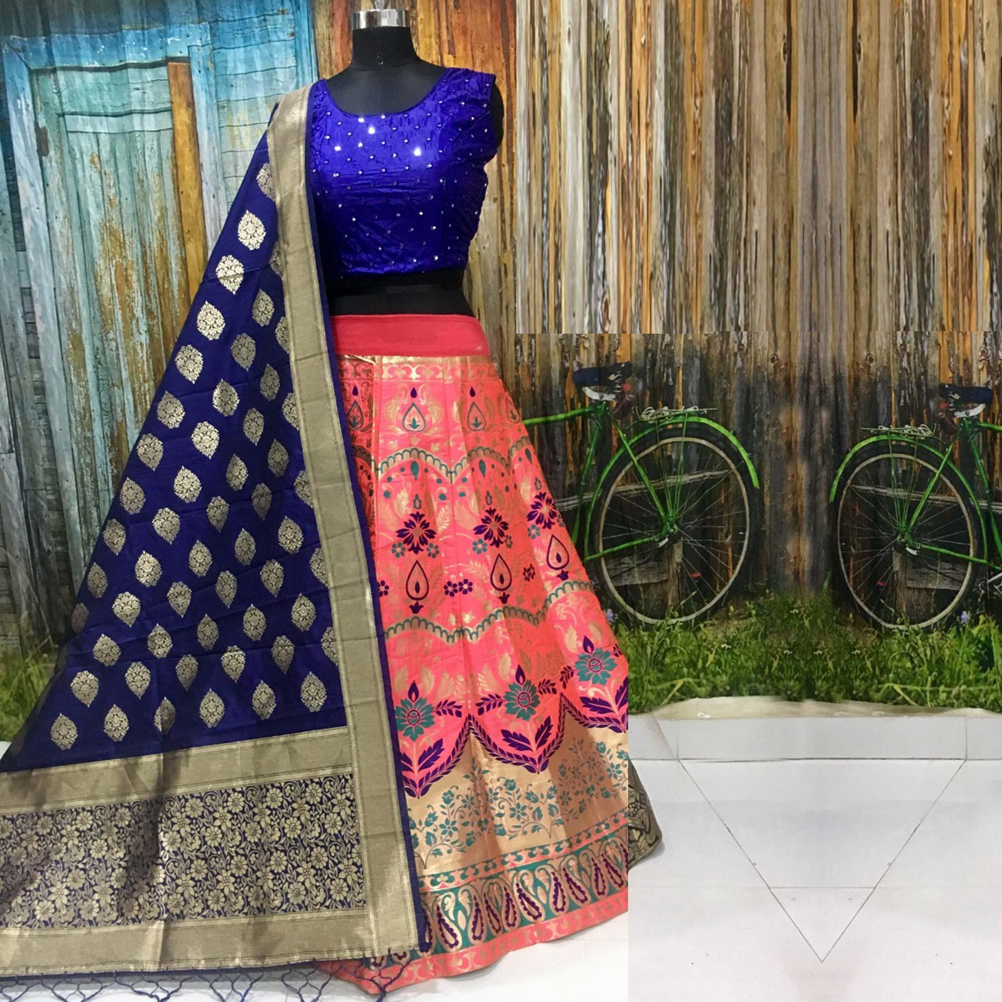 Peachmode Charming Pink Colored Party Wear Woven Banarasi Silk Lehenga Choli