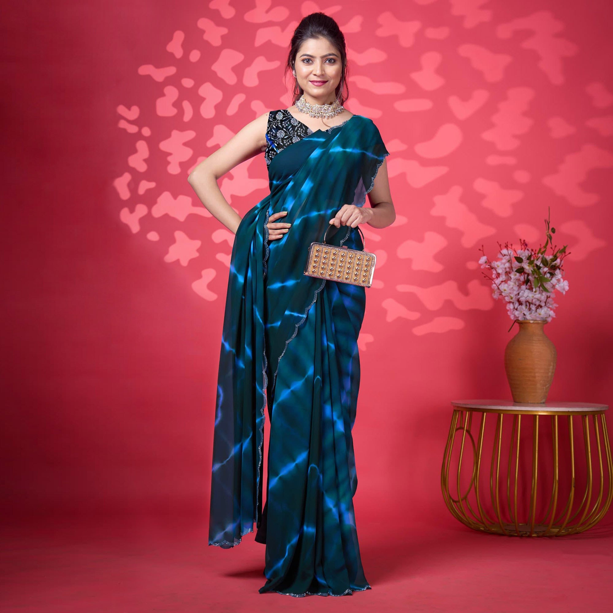 Peachmode Morpich Blue Leheriya Printed Georgette Saree