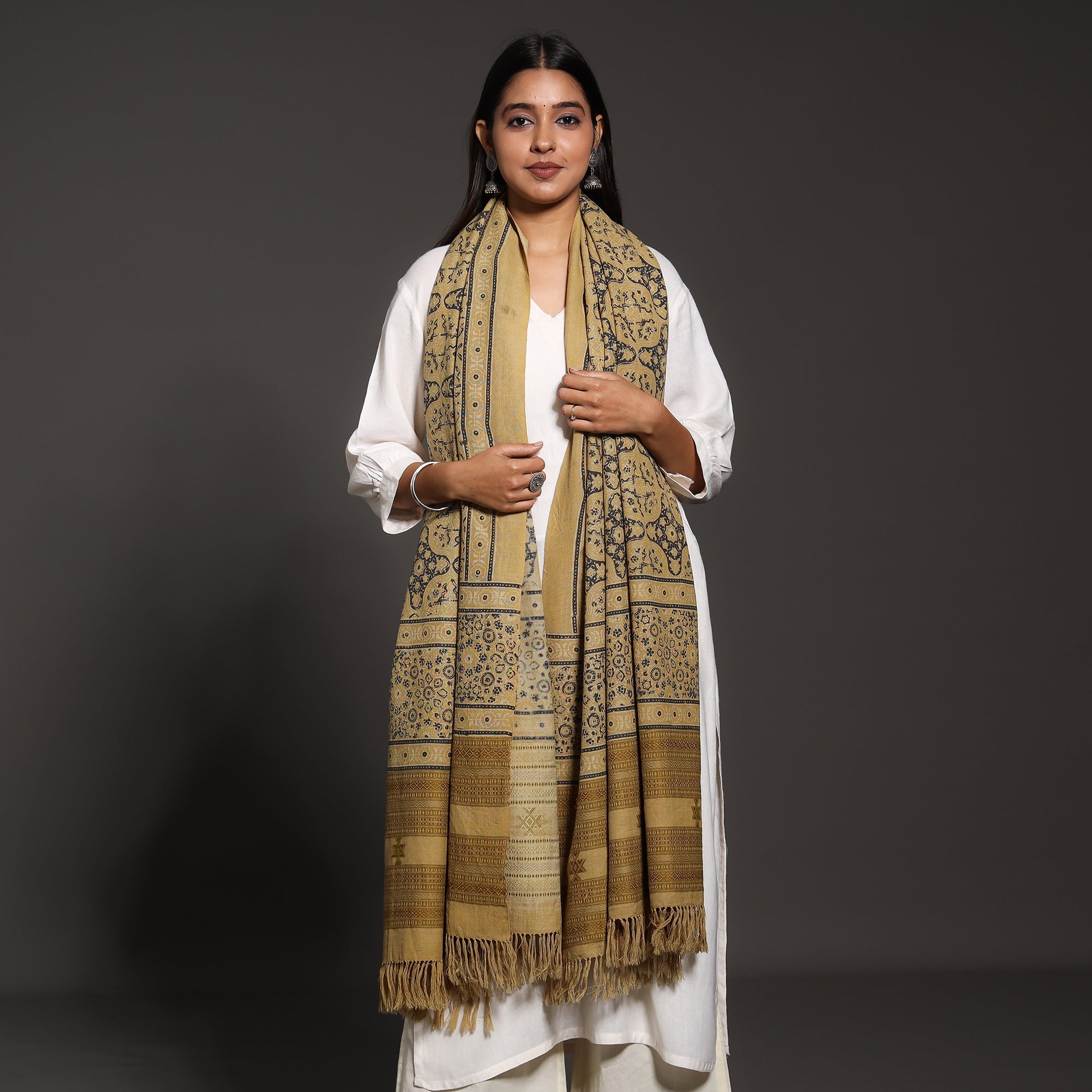 VANKAR BHIMJI KANJI Brown - Kutch Traditional Ajrakh Block Printed Handwoven Pure Wool Shawl - view 2