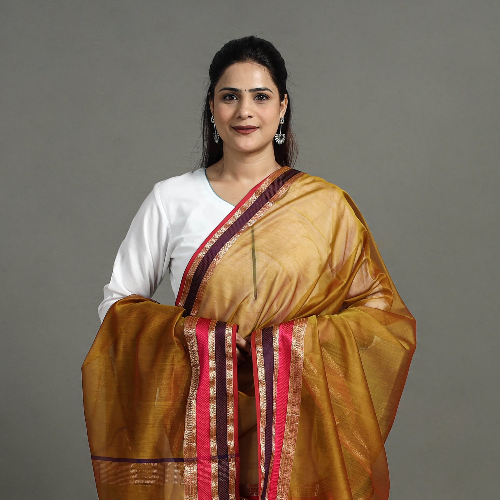 ITOKRI CRAFTS INITIATIVE Brown - Handloom Silk Cotton Resham Border Maheshwari Dupatta 23 - view 3