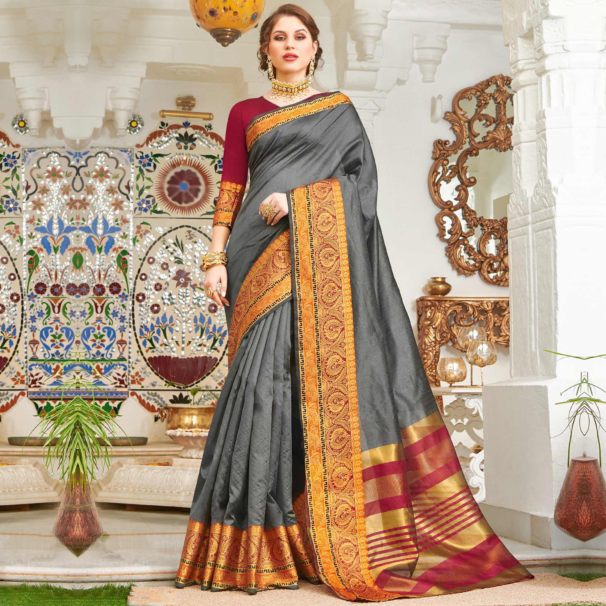 Peachmode Lovely Grey Colored Festive Wear Woven Handloom Silk Saree