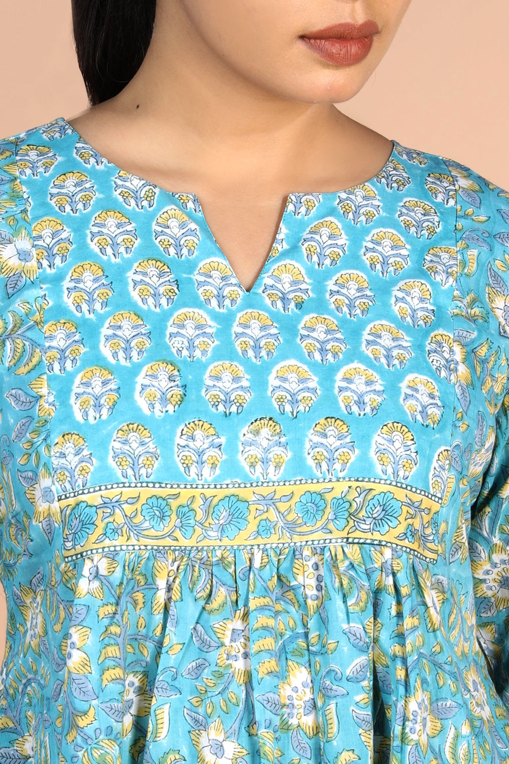 Kalanjali Ethnics Floral sky blue Sanganeri handblock printed cotton Kurti - view 7