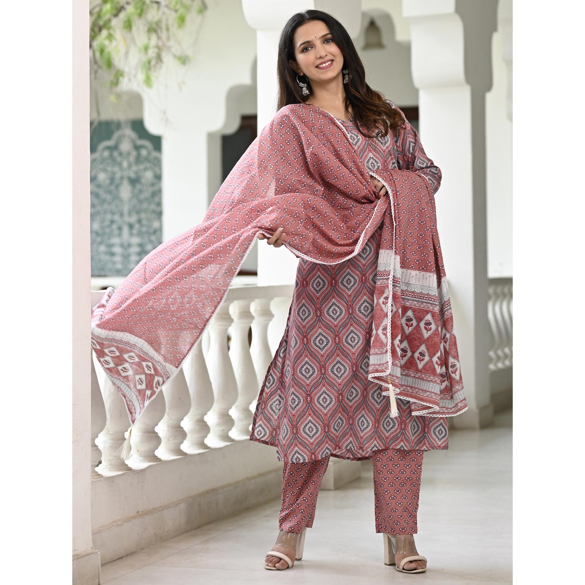 Peachmode Mauve Printed Pure Cotton Suit - view 4