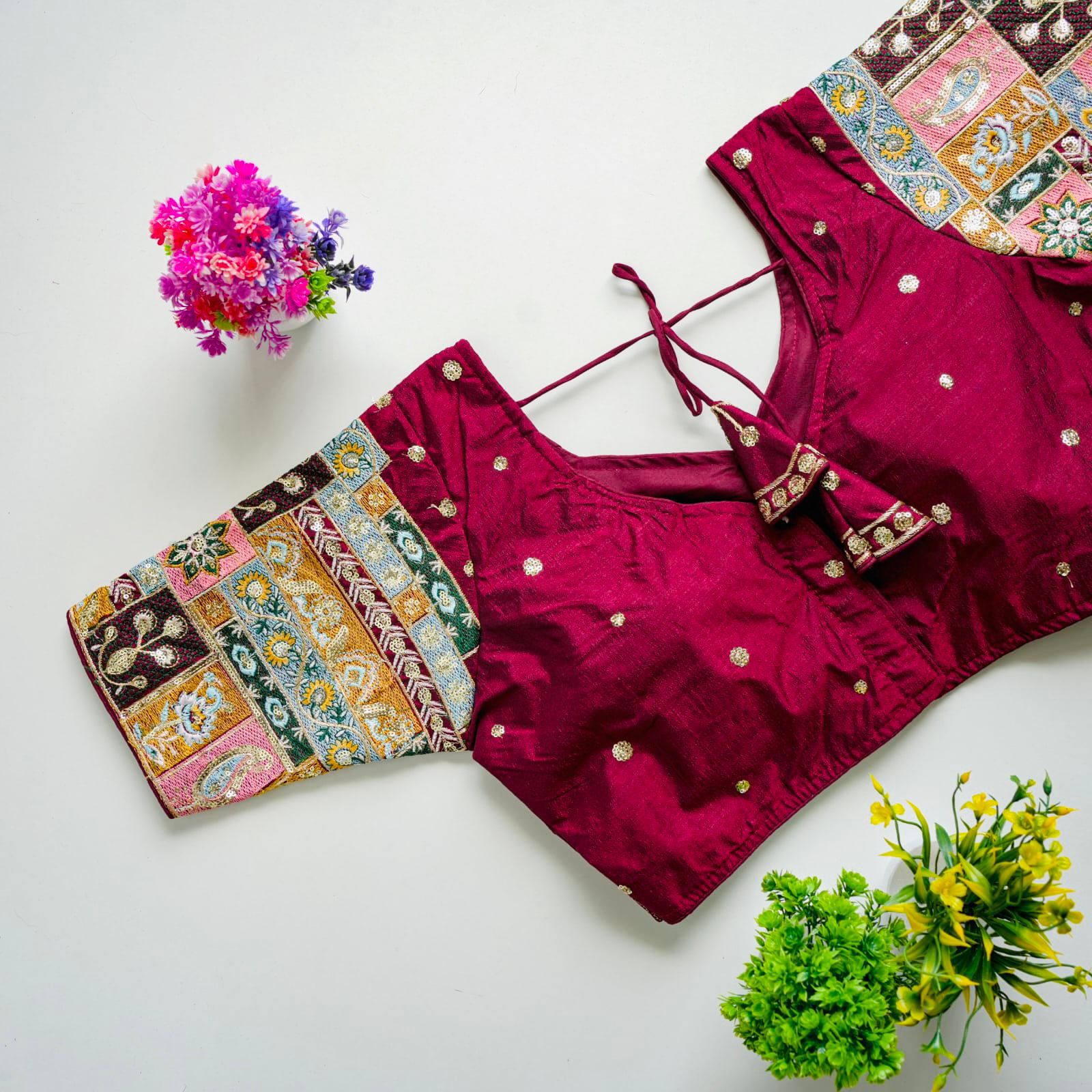 ClothsVilla Dark Pink Golden Embroidered Seoul Silk Blouse with Sequins - view 2