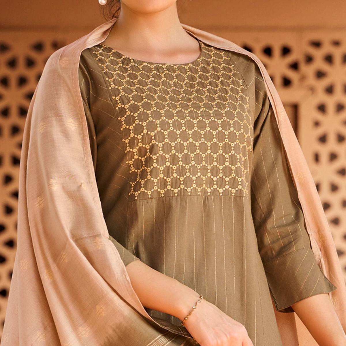 Peachmode Seller Brown Embroidered Pure Cotton Cotton Kurti Pant Set With Dupatta - view 2