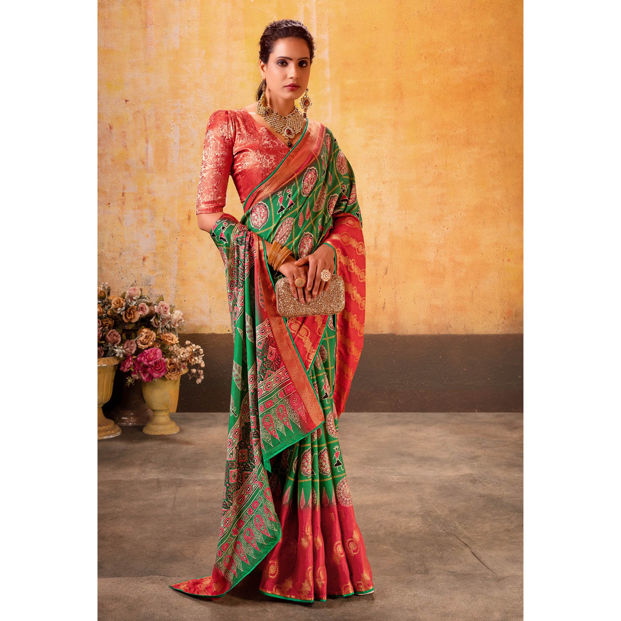 Peachmode Rama Green Patola Printed Jacquard Saree - view 4