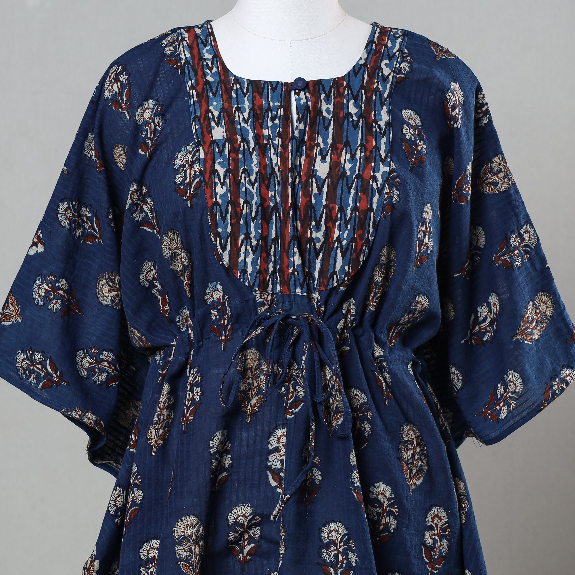 ITOKRI CASUALS Blue - Bagru Block Printed Cotton Kaftan with Tie-Up Waist (Short) - view 2