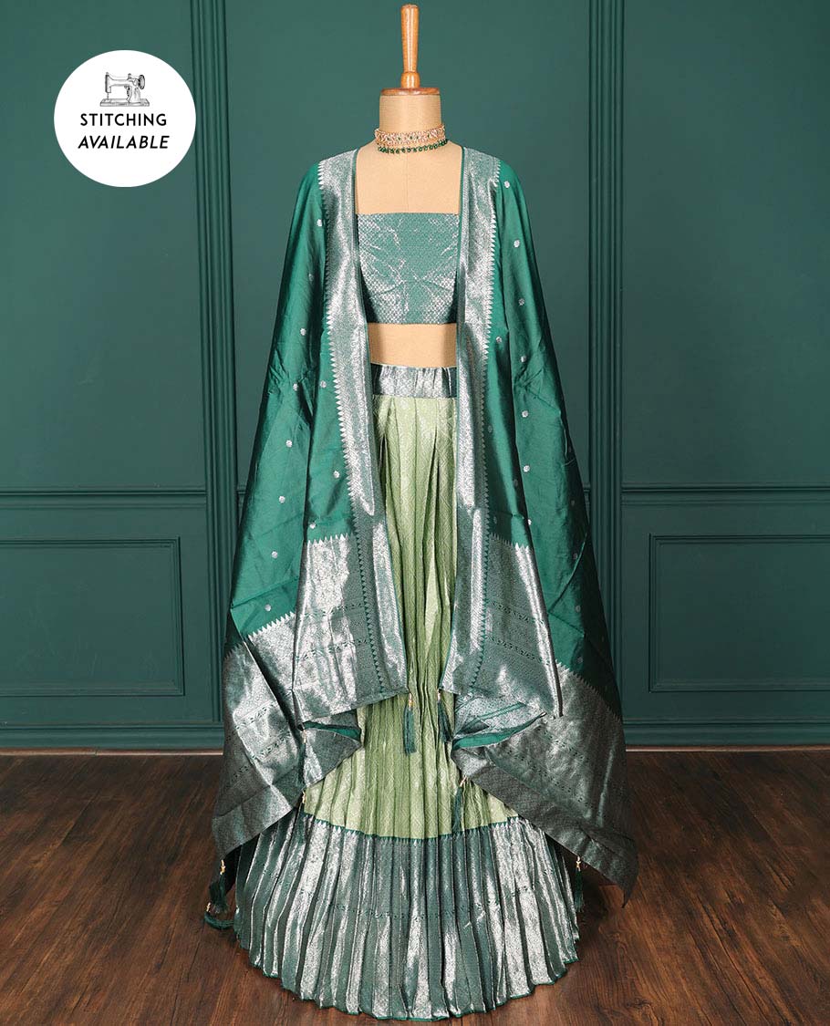 Pothys Green jacquard art-silk half-saree, contrast traditional zari design border, jacquard blouse & intricate dupatta - view 2