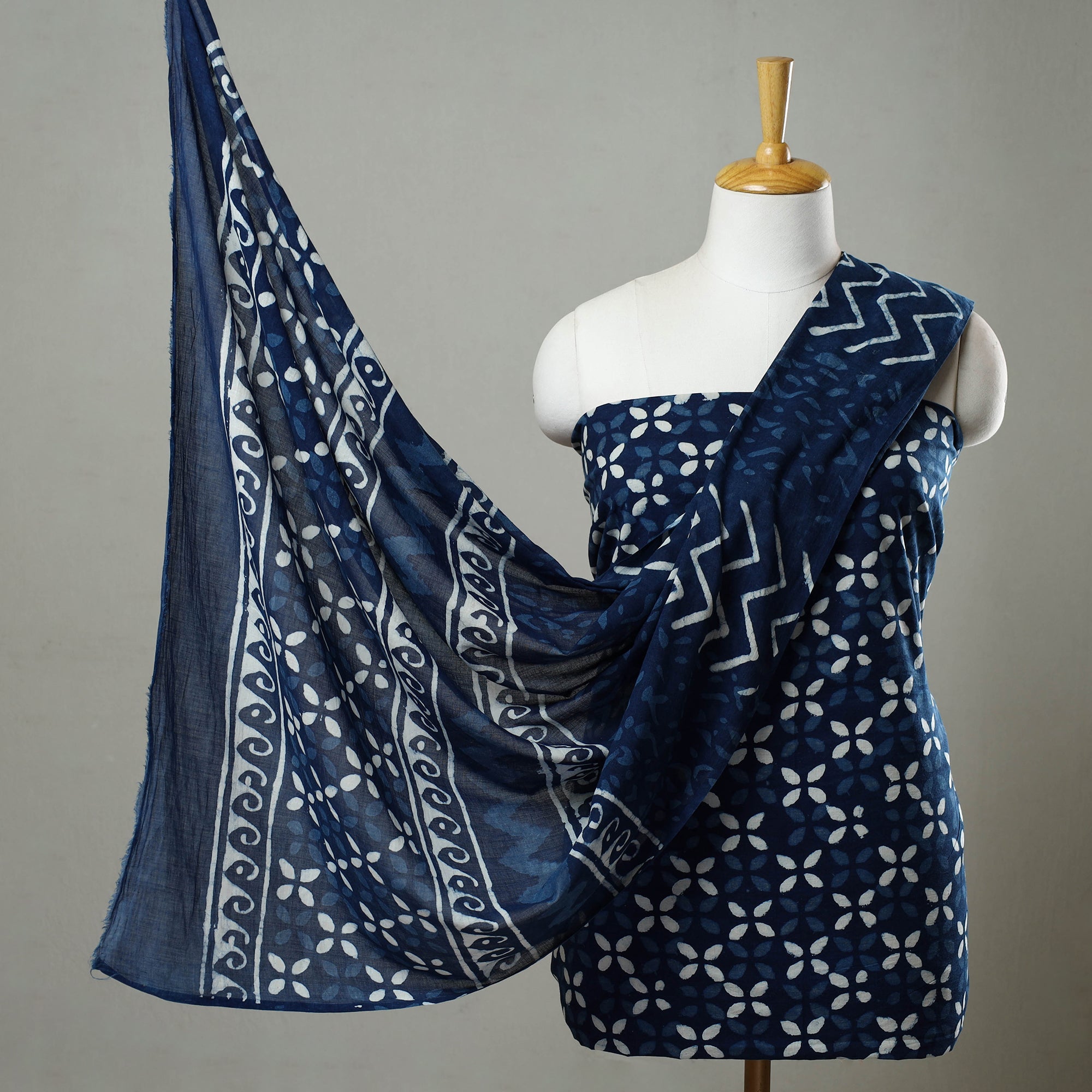 ARTISAN HAND BLOCK PRINTS Blue - 3pc Cotton Indigo Bagru Print Dress Material Set 03