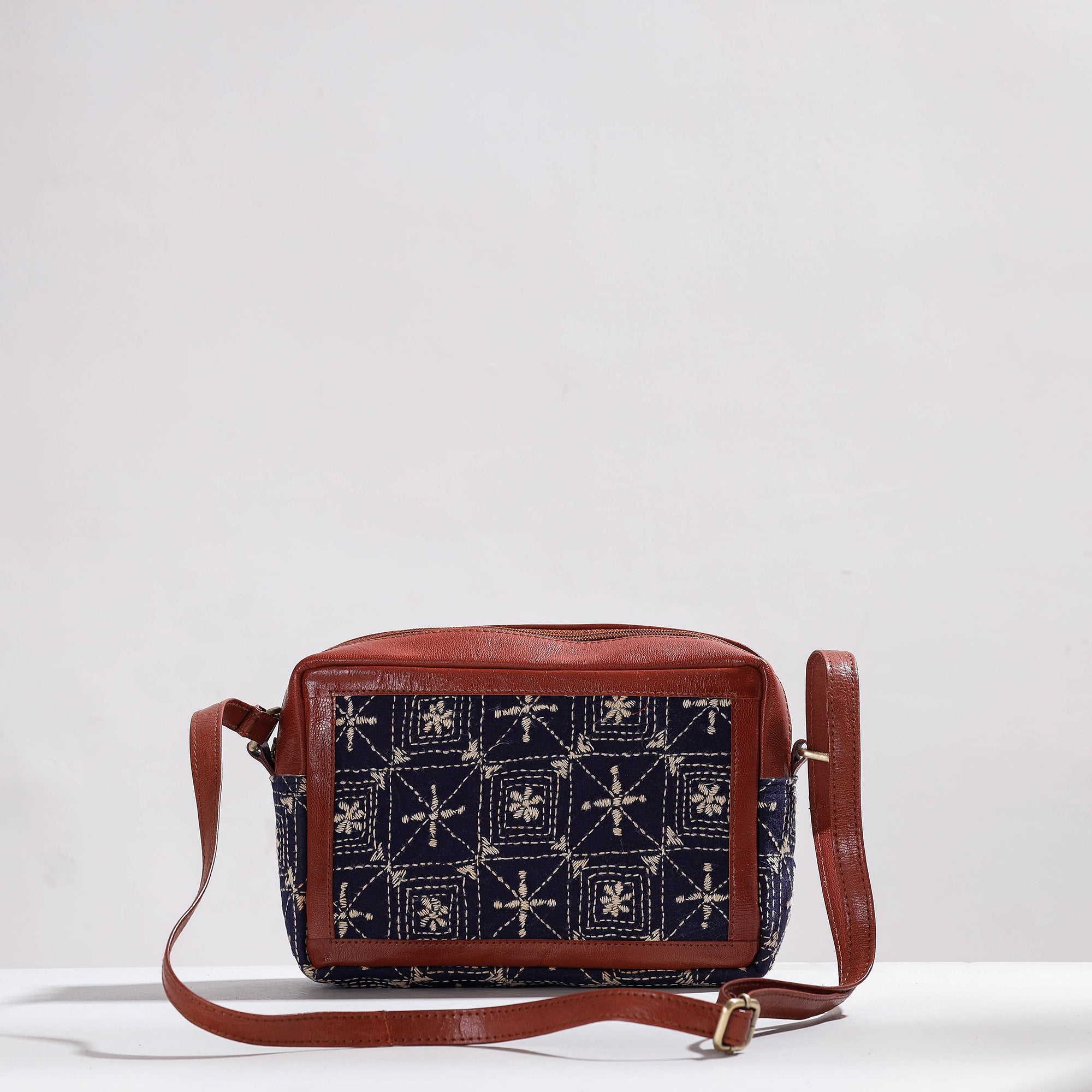 Cotton leather sling – ASALKAAR Brown - Handcrafted Kantha Embroidery Cotton & Leather Sling Bag