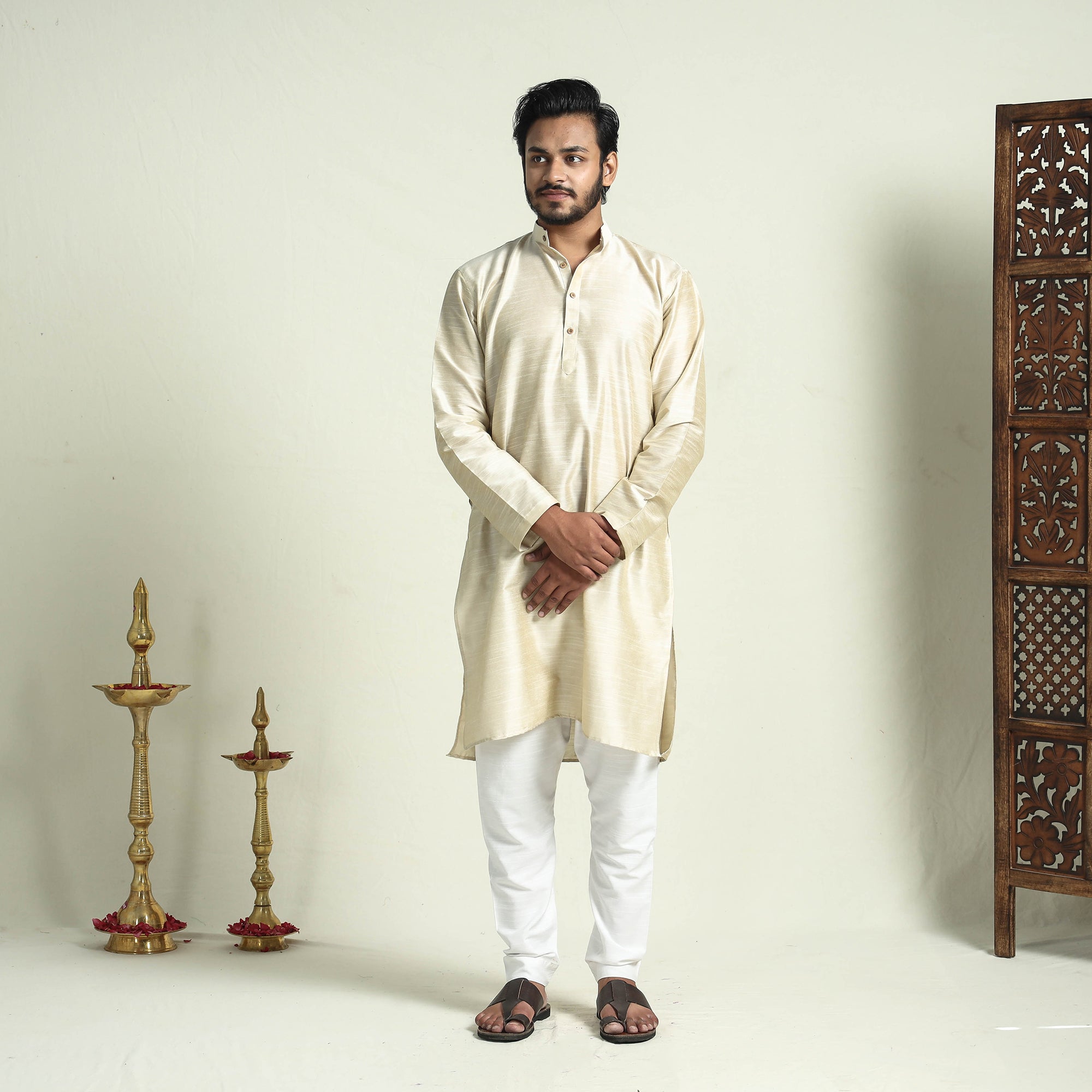 ITOKRI CASUALS Beige - Plain Dyed Slub Silk Men Long Kurta