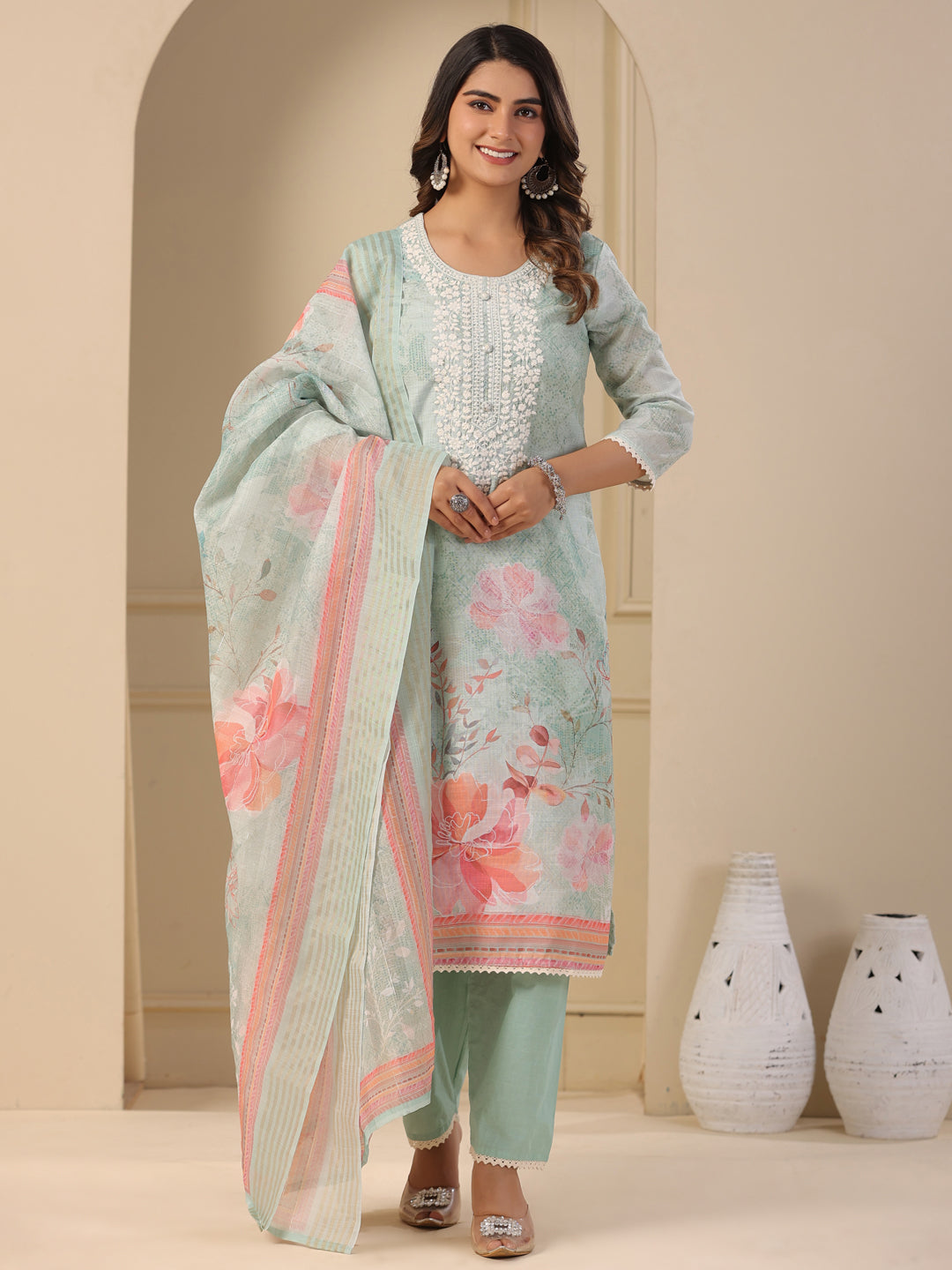 Fashor Floral Printed & Chikankari Embroidered Kurta with Pant & Dupatta - Mint Green