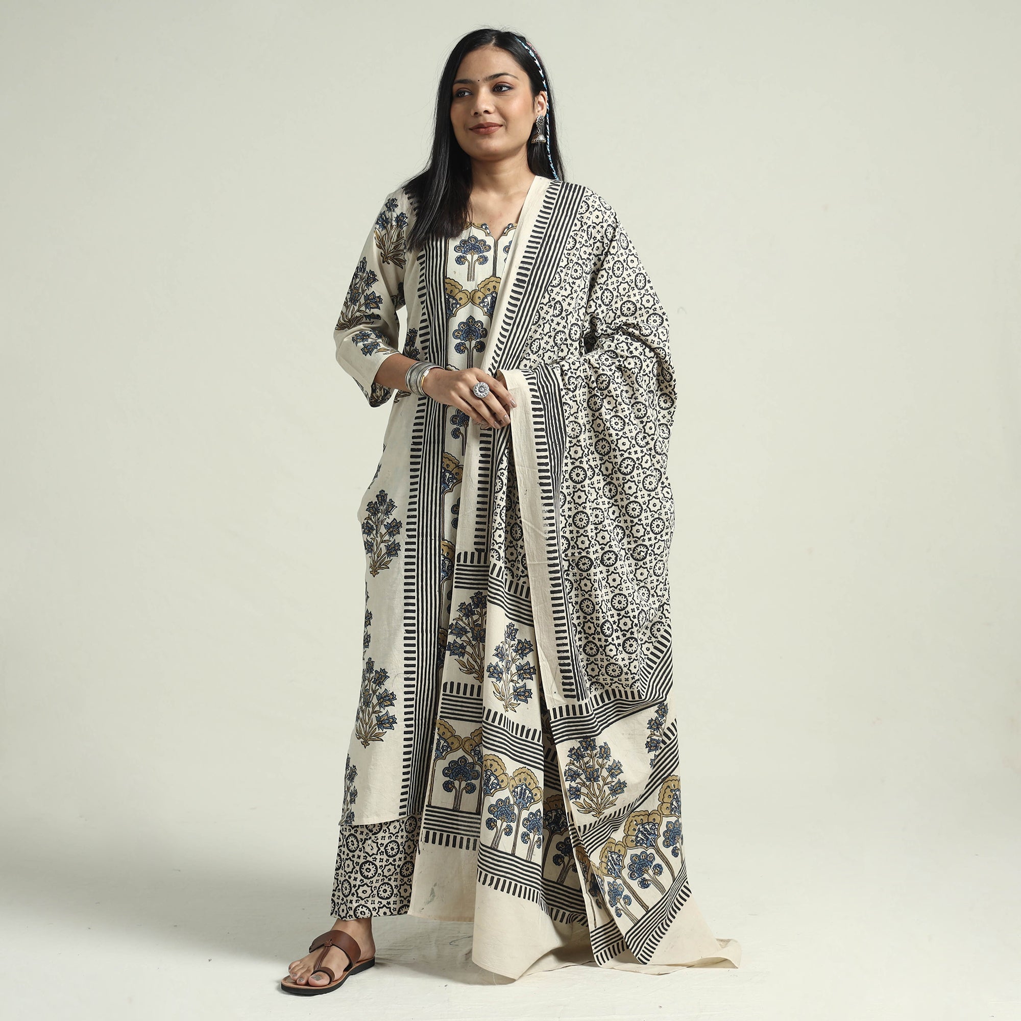 ITOKRI CASUALS Beige - Ajrakh Block Printed Cotton Kurta With Palazzo & Dupatta Set