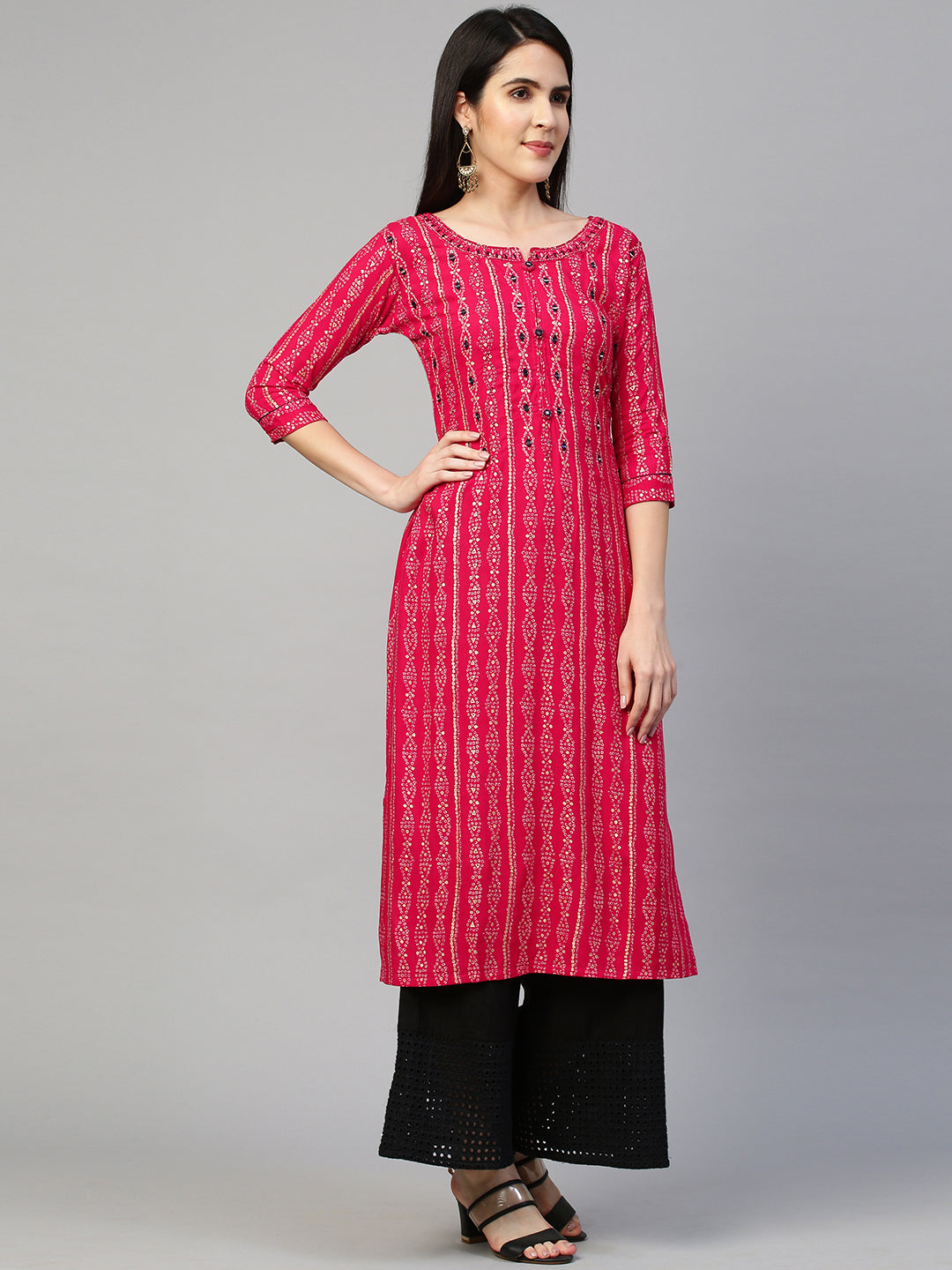 Fashor Bandhej Printed & Embroidered Kurta - Hot Pink - view 2
