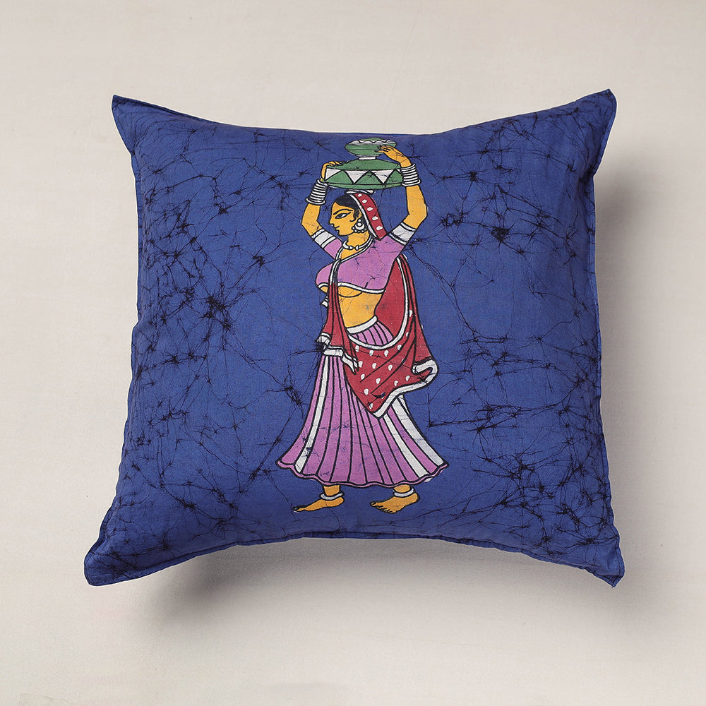 KACHCHH JI CHHAAP Blue - Hand Batik Printed Pure Cotton Cushion Cover (18 x 18 in)