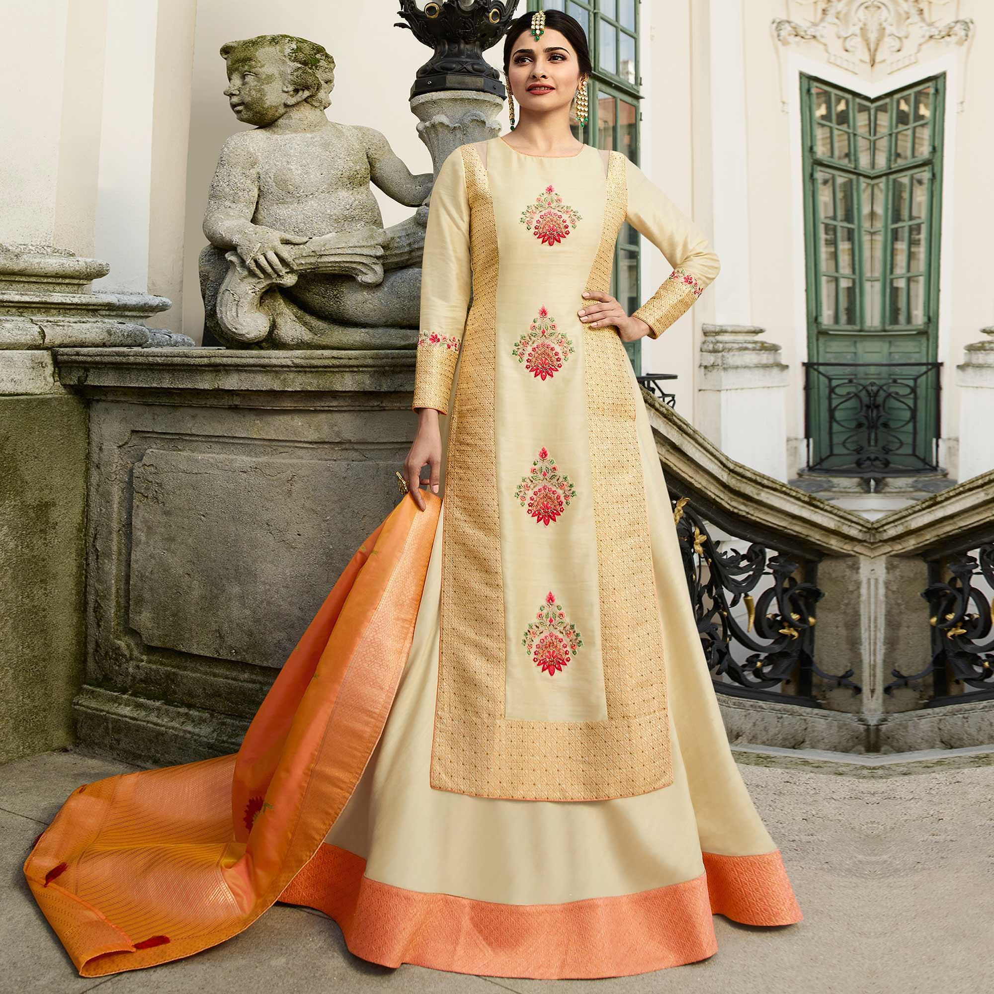Peachmode Seller Cream Embroidered With Embellished Art Silk Lehenga Kameez With Dupatta