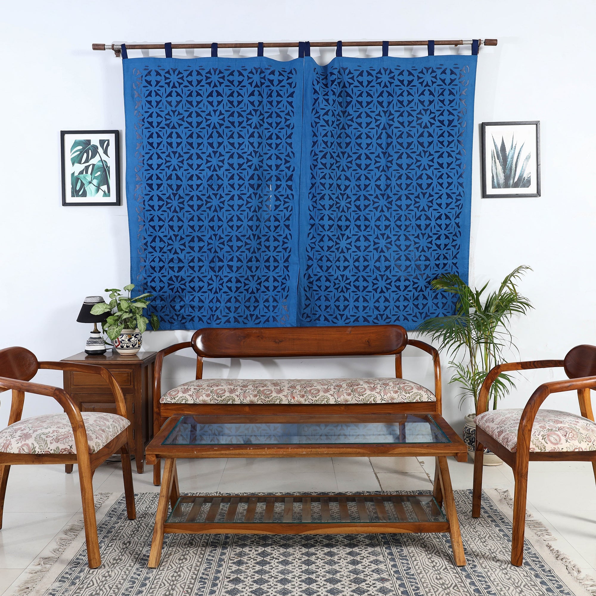 SHADES OF MARUDHARA Blue - Flower Cutwork Cotton Barmer Applique Window Curtain
