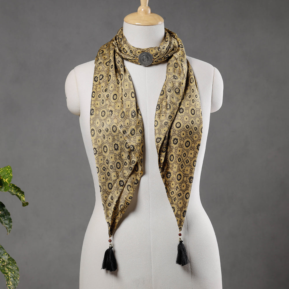 STOLES & SCARVES Brown - Modal Silk Ajrakh Block Printing Pendant Necklace Scarf