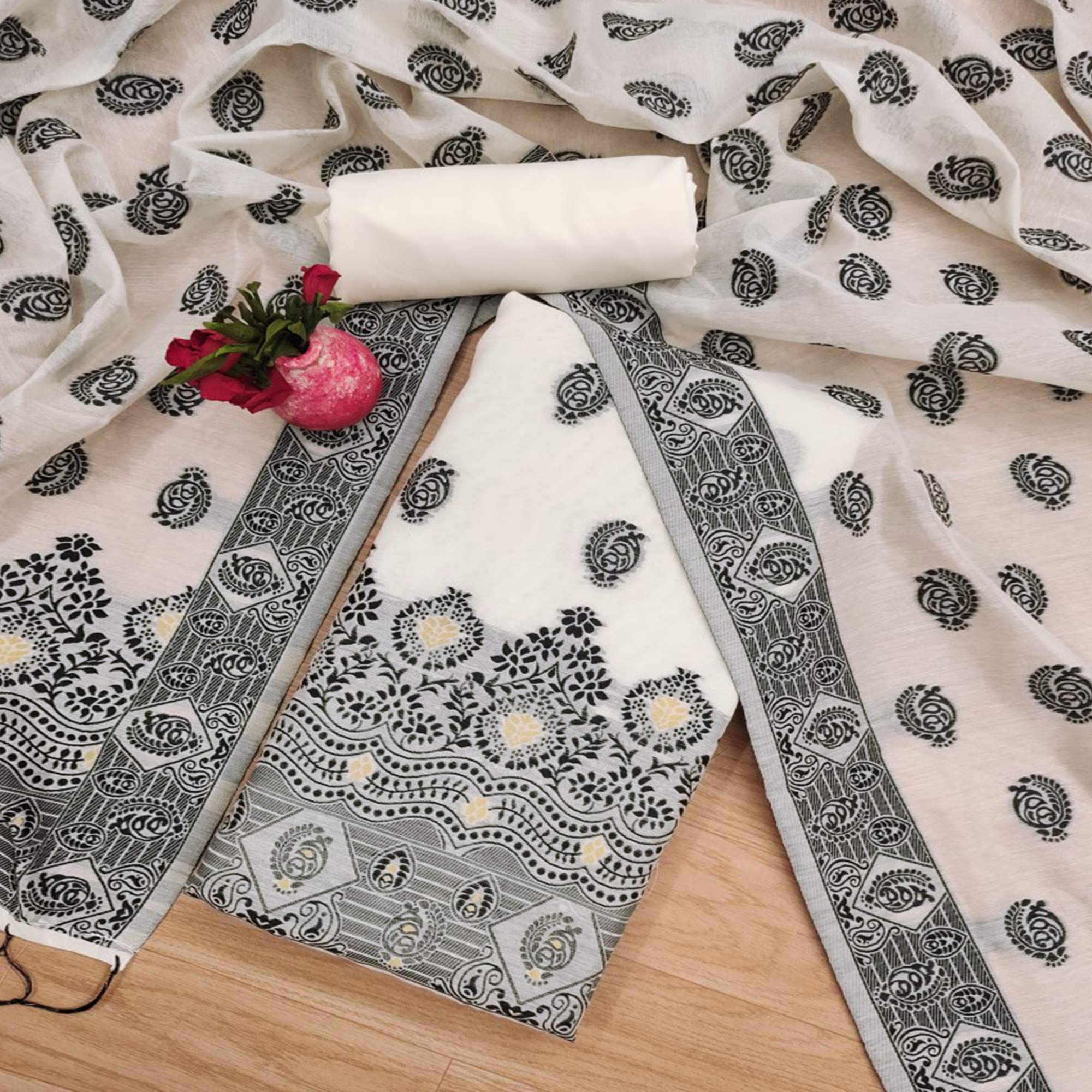 Peachmode Offwhite & Black Floral Woven Chanderi Dress Material