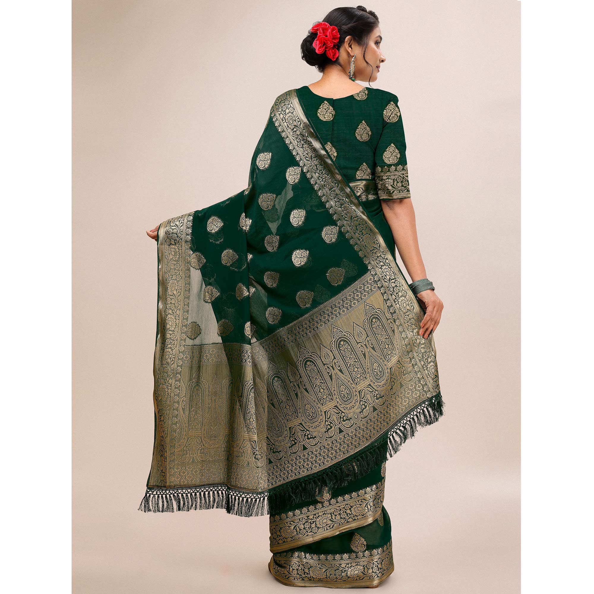 Peachmode Dark Green Woven Chiffon Saree With Tassels - view 5