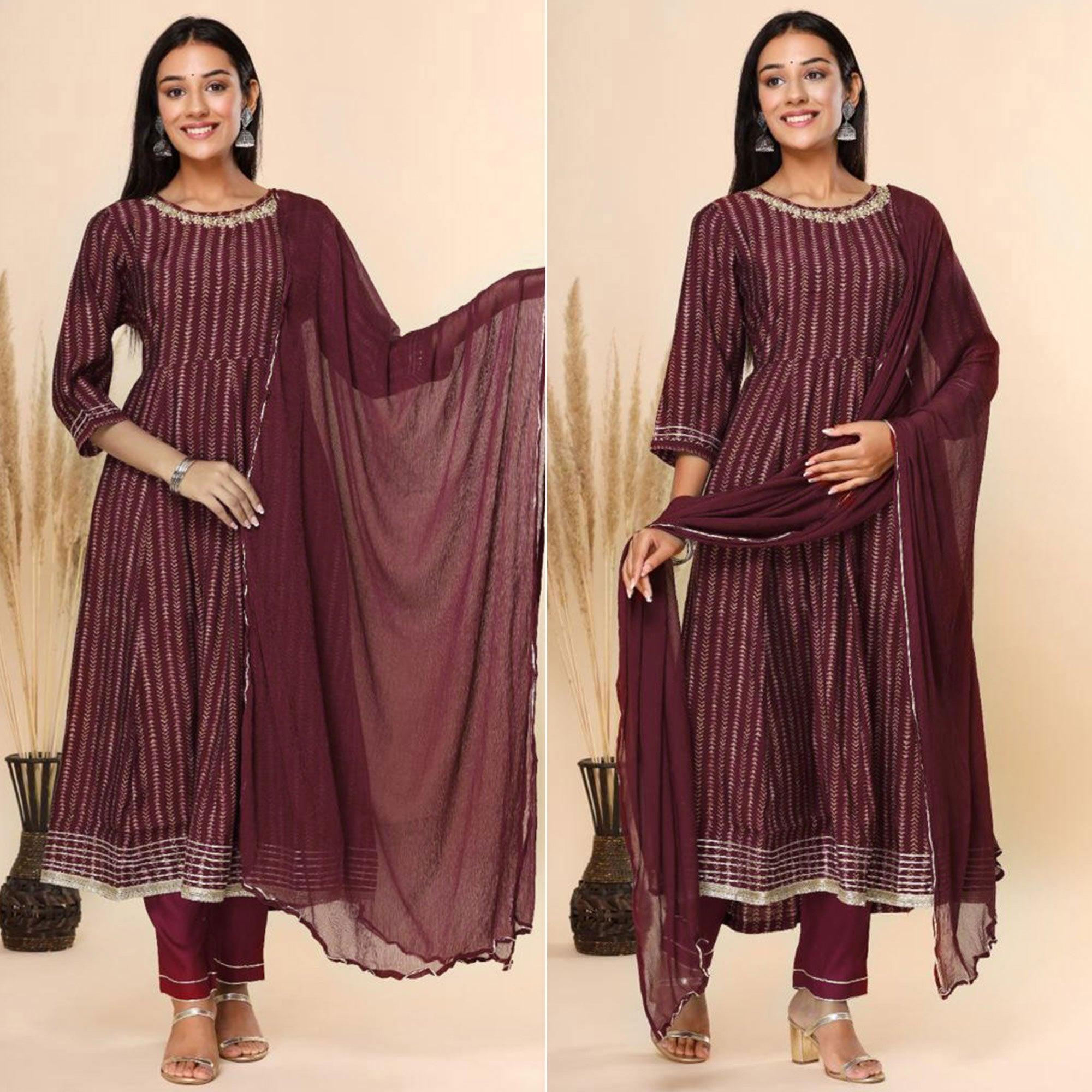 Peachmode Maroon Printed Cotton Silk Anarkali Suit