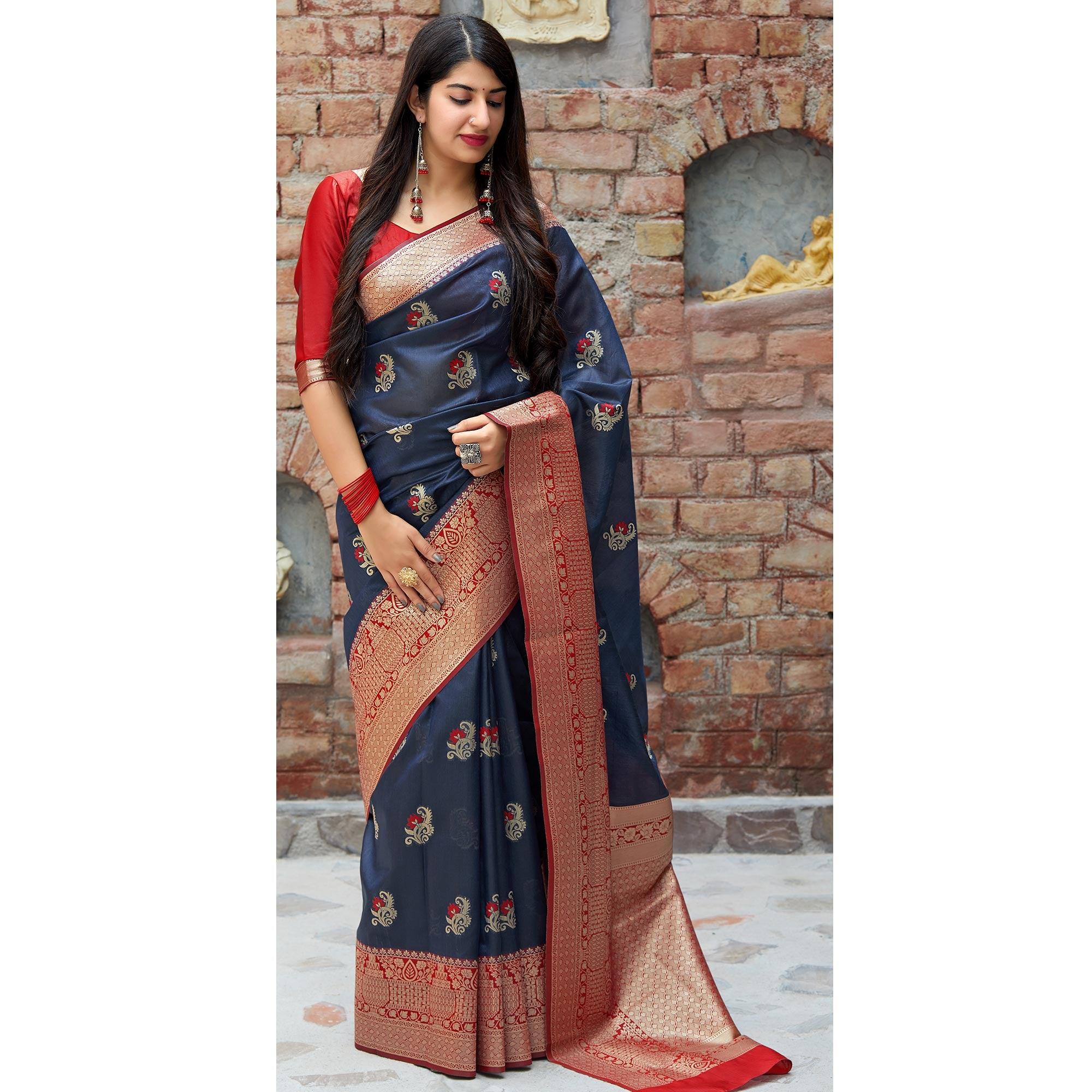 Peachmode Innovative Blue Colored Festive Wear Woven Banarasi Silk Saree - view 2