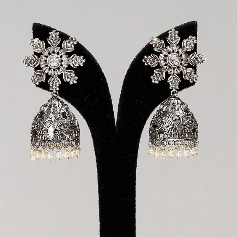 WHITE RIVER STORIES Antique Silver Finish Oxidised Brass Base Jhumki Earrings - view 2