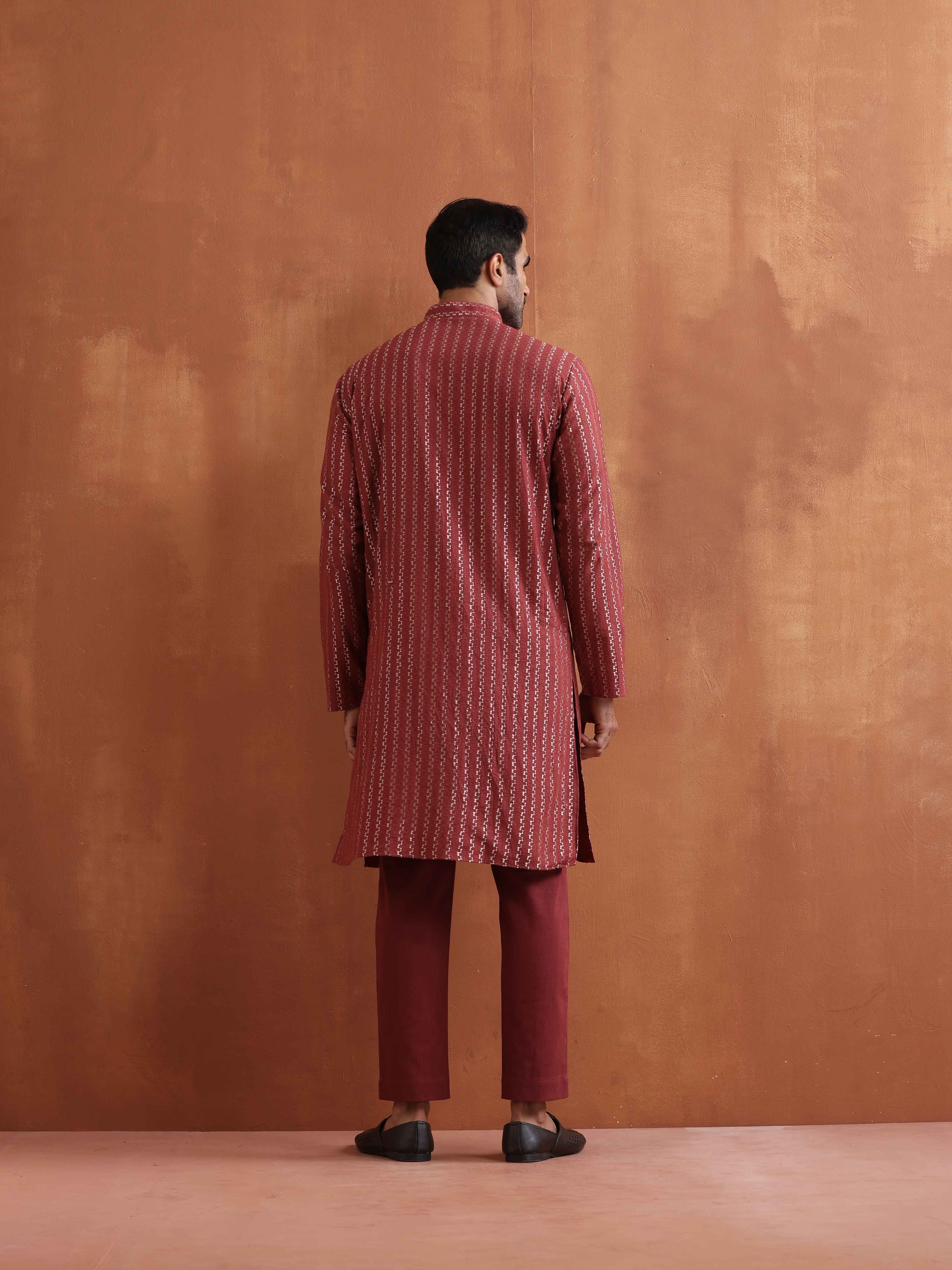 trueBrowns Men's Rust Cotton Dobby Kurta - view 5