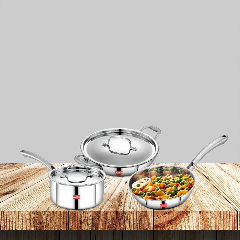 AVIAS Stainless steel Tri-Ply Riara (Kadai 22cm + Frypan 22cm + Saucepan 14cm) | Induction Compatible | Silver | Set of 3 Pcs