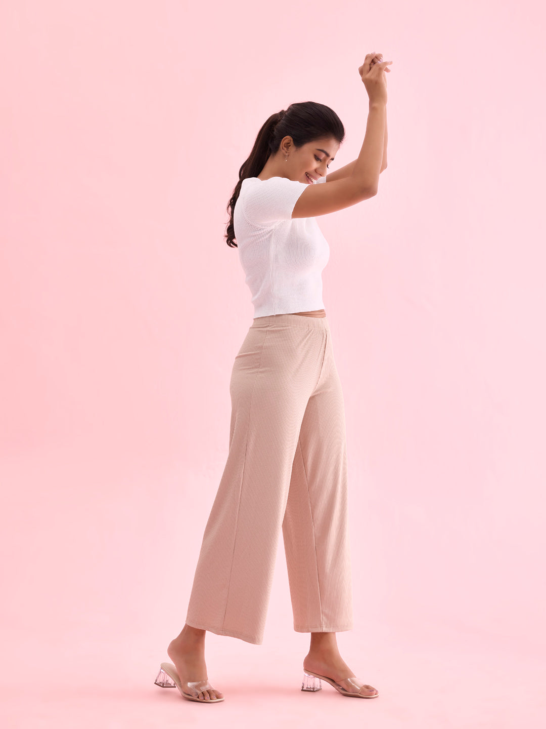 Go Colors Women Solid Beige Mid Rise Ribbed Palazzos