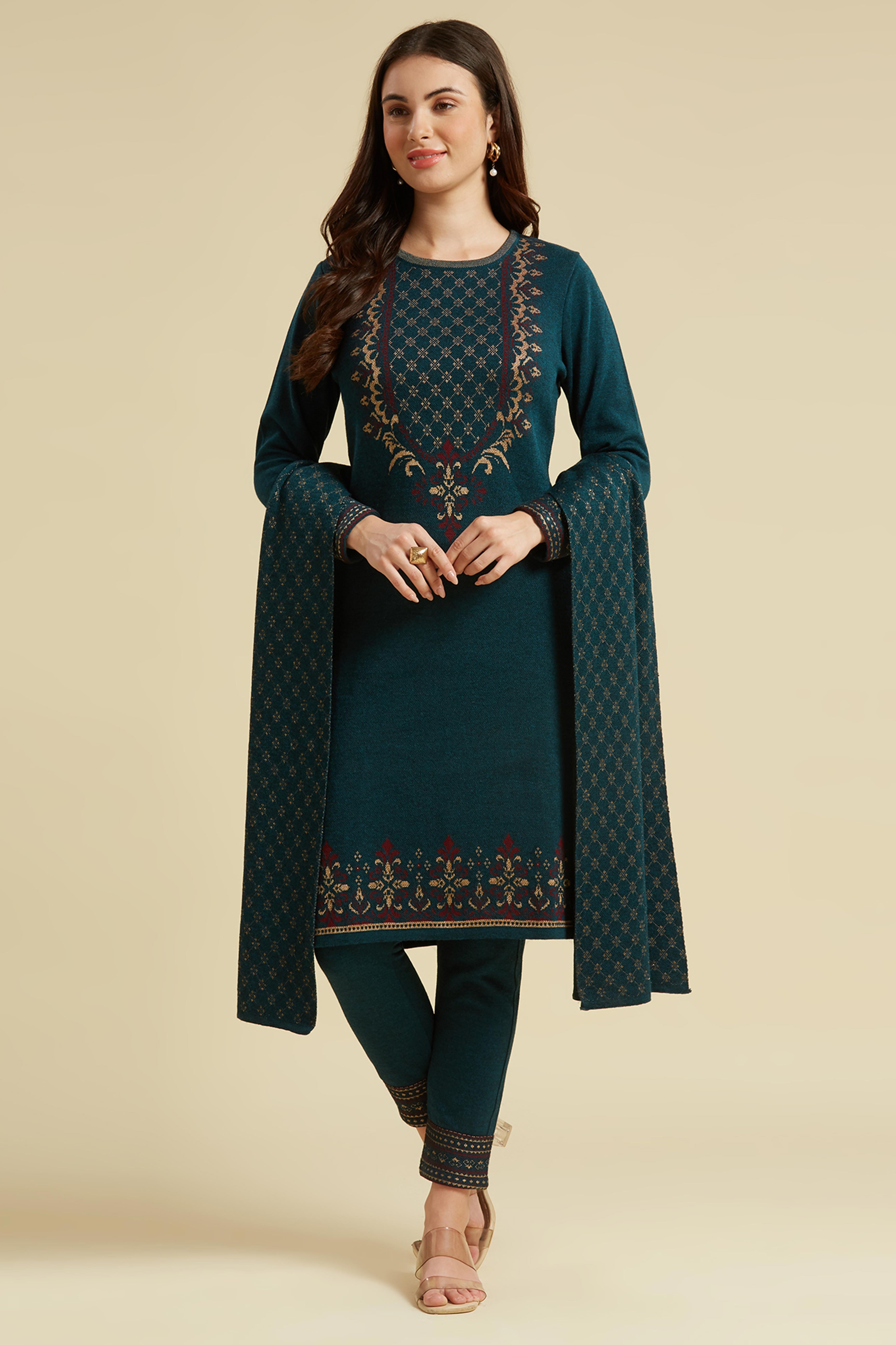 Peachmode Dark Teal Floral Woolen Salwar Suit