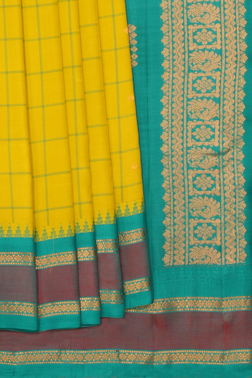 Kalanjali Gadwal Silk Spring-Green Kattam Saree
