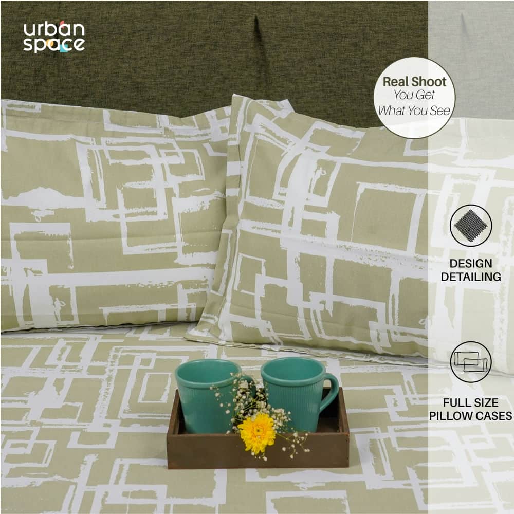 Urban Space -Home Furnishing Store Serene Collection - Breathable 200 TC 100% Pure Cotton Bedsheet with Pillow Cover, Checkers - Green - view 4