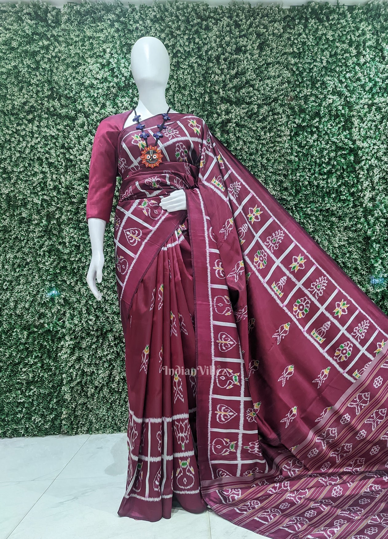 IndianVillèz Maroon Fish Motif Odisha Ikat Contemporary Designer Saree