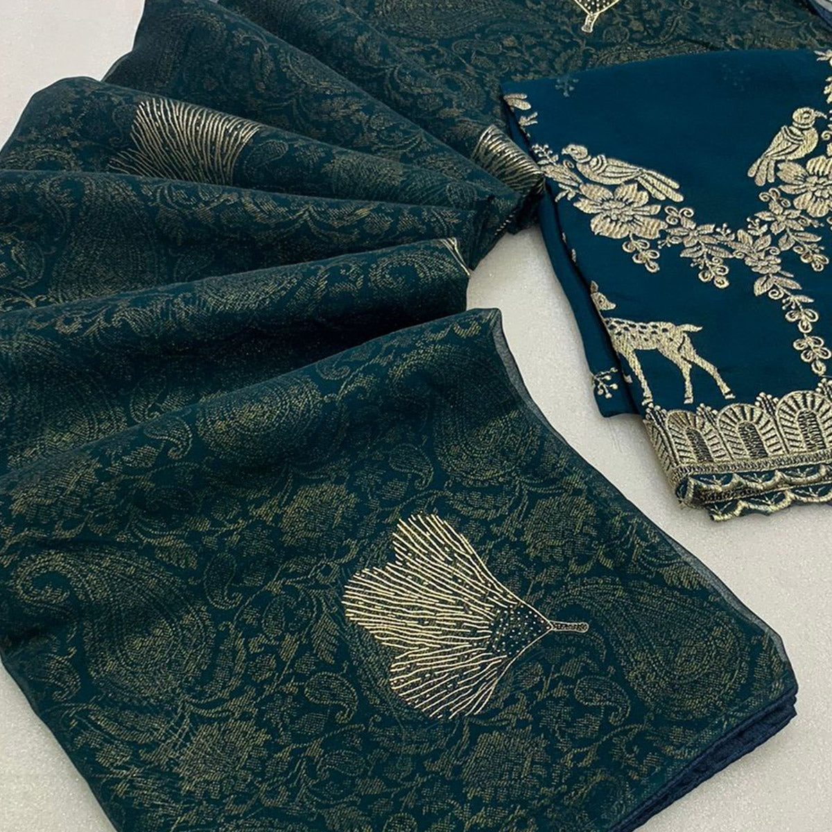 Peachmode Morpich Blue Foil Printed Georgette Saree - view 2