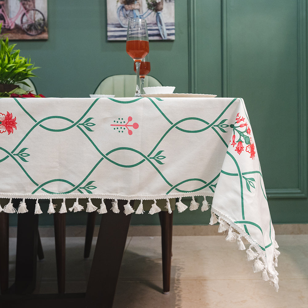 100 cotton dining – Urban Space Home Furnishing 100% Cotton Dining Table Cover, Printed Cotton Table Cloth with Boho Tassels - Floral Ripples Pink