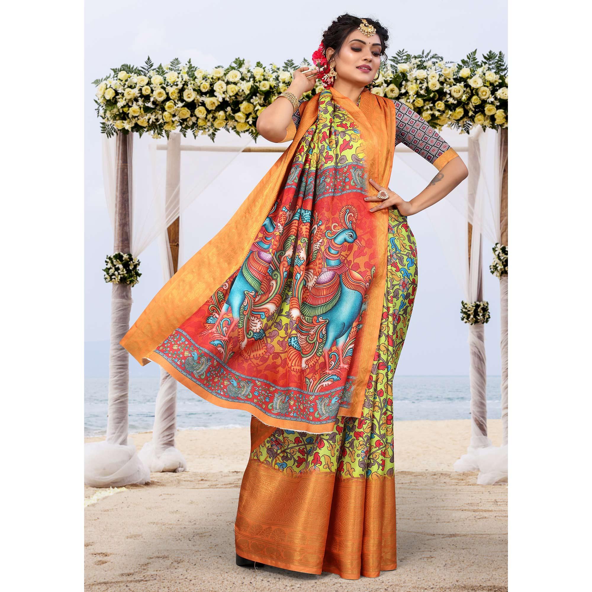 Peachmode Lemon Green Digital Printed Khaadi Saree - view 3