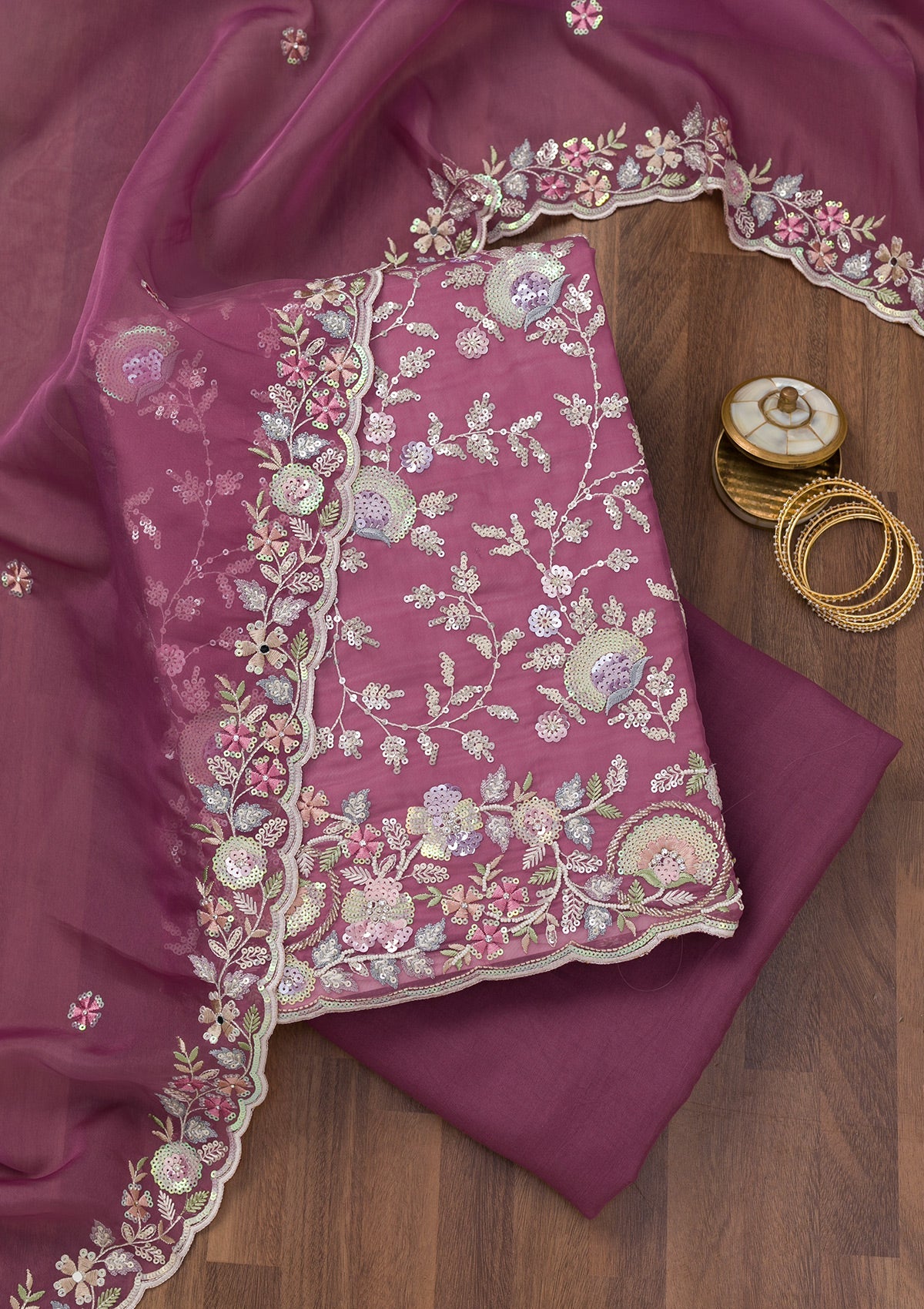 Koskii Mauve Threadwork Tissue Unstitched Salwar Suit