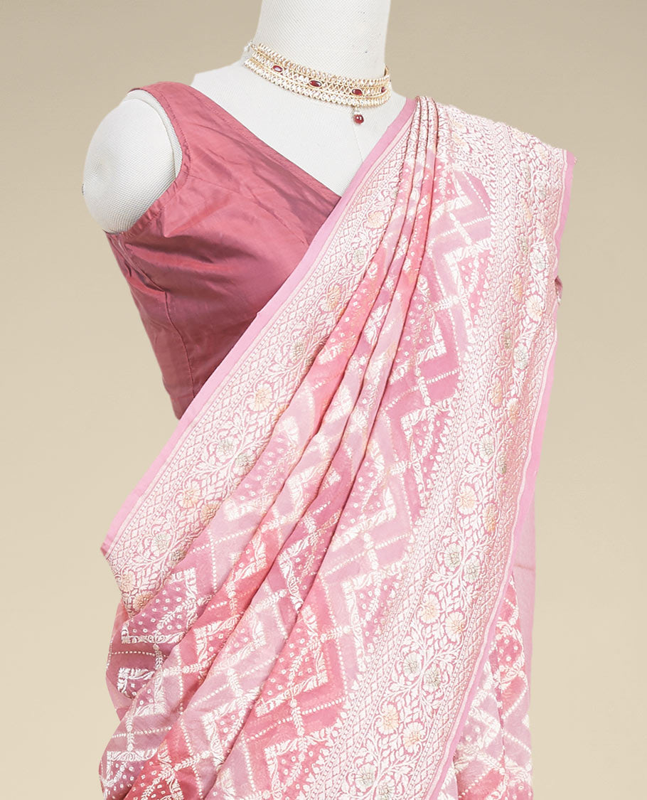 Pothys Maroon geometric jacquard banaras crepe saree with self floral zari border
